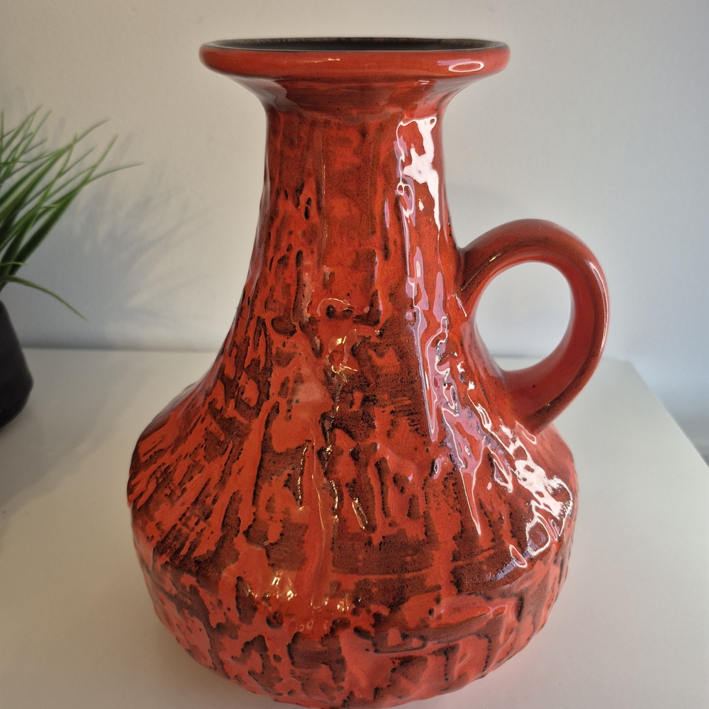 Vintage Large MCM German Fat Lava Glaze Orange Ceramic Vase Jug Pitcher 1960s